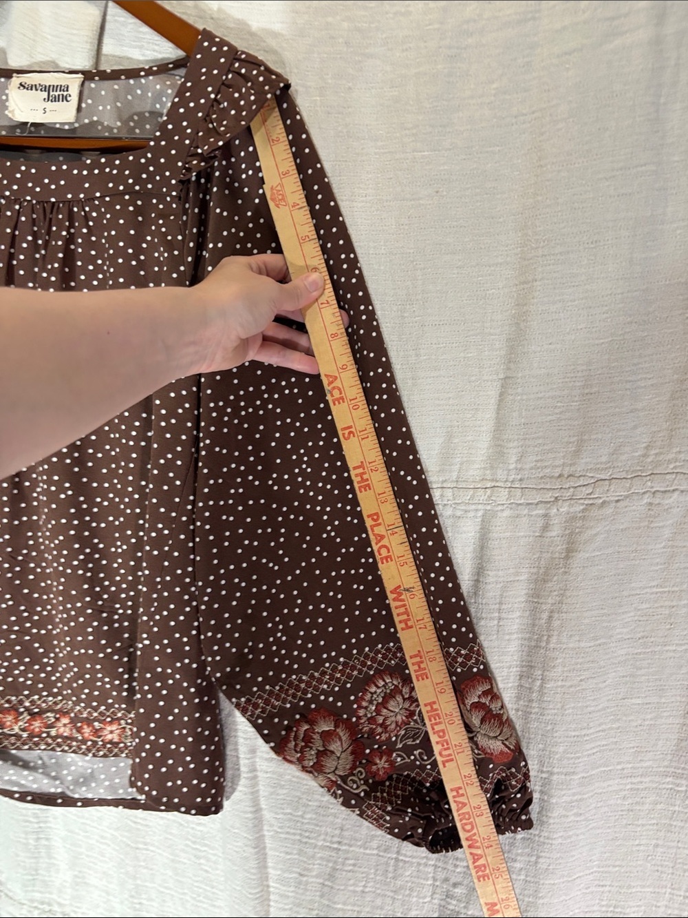 Savanna Jane Brown Polka Dot Blouse Embroidered Floral Hem Balloon Sleeves - Picture 10 of 12